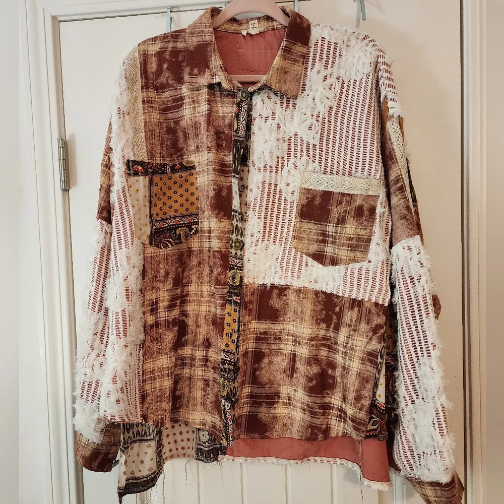 Women's Rust & White Patchwork Button-Front Jacket - Picture 2 of 13